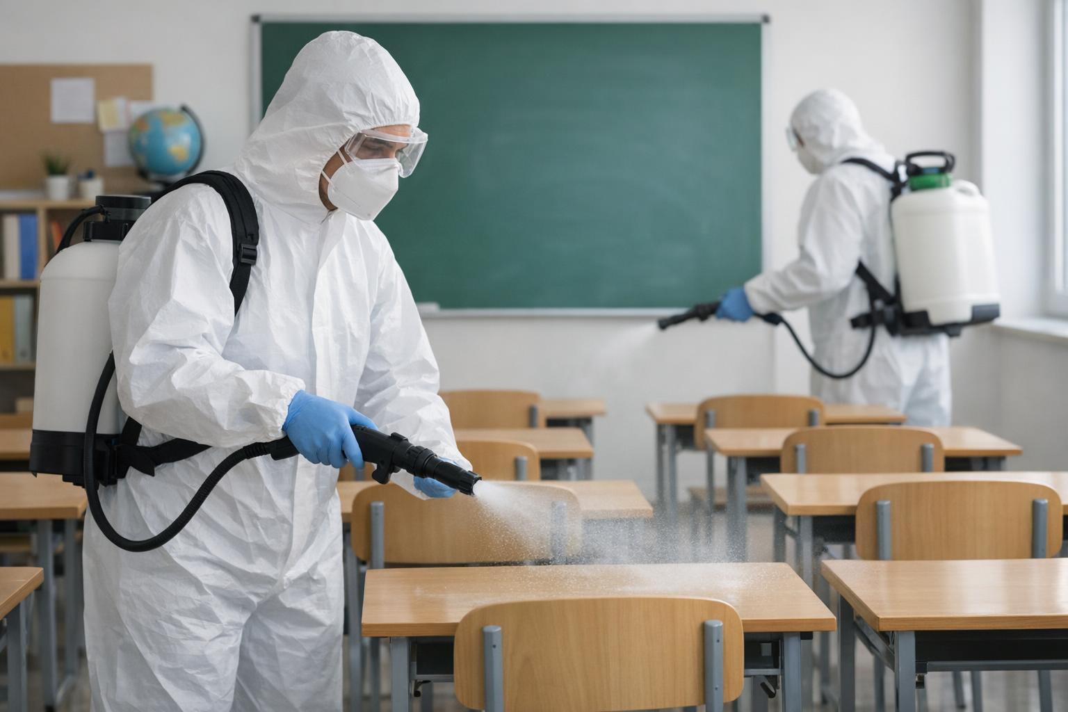 zdjęcie: personel dezynfekujący salę szkolną przy użyciu profesjonalnego płynu